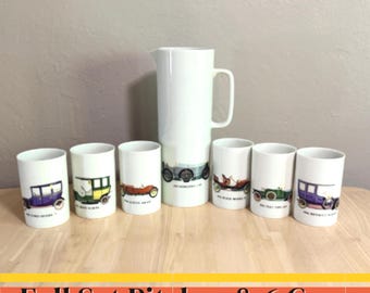 Vintage Thomas Germany Porcelain Mug Pitcher Set Classic Car Series 6 Cups Large Pitcher Retro Auto Collectible MCM Kitchen Barware