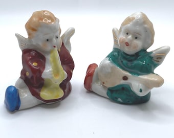 Set of Two Vintage Angels Playing Musical Instruments Made in Occupied Japan