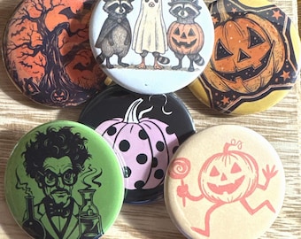 Retro Halloween Pinback Buttons Keychains Magnets Mirrors & Bottle Openers  2.25" Vintage Halloween Art, Spooky Gifts, Trick or Treat Favors