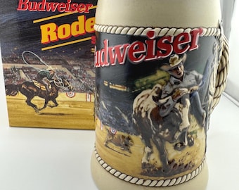 1992 Budweiser Rodeo Beer Stein Steer Roping Bronc Riding Ceramic Relief Lasso Rope Handle Numbered Open Edition Ceramarte Brazil Gift Boxed