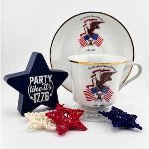 Vintage Vileta Fine China Bicentennial Cup Saucer Set 1776 to 1976 American Independence Commemorative Tea Collectible Patriotic USA