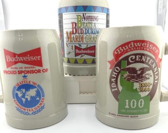 Vintage Budweiser 1990s Beer Steins Gerz Germany Idaho Centennial Seattle Goodwill Games Mardi Gras 1991 Collectible Beer Mugs Brewery Decor