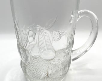 Vintage Arcoroc USA Berry Glass Coffee Mug Clear Pressed Glass Fruit Design Retro Kitchen Drinkware Collectible Coffee Cup