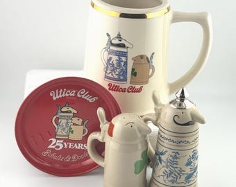 Vintage Utica Club Schultz and Dooley Salt Pepper Shakers Beer Stein 25th Anniversary Tin NY Brewery Breweriana Utica Beer Mug Stein