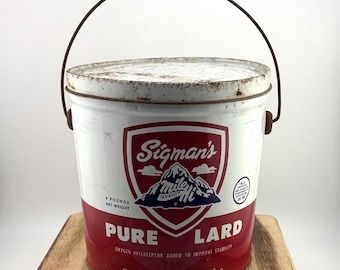 Vintage 1950s Sigman’s Pure Lard Tin Bucket Lid Handle Mile Hi Quality Advertising Can Farmhouse Kitchen Decor Denver Colorado Meat Company