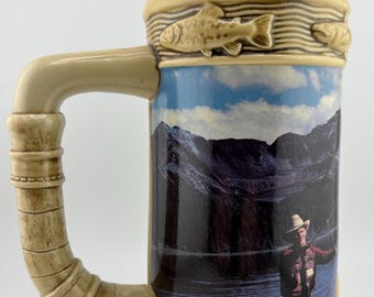 1996 Coors Fly Fishing Beer Stein Life in Rocky Mountain Vintage Mug Fly Fisherman River Original Coors Fish Design Fly Fish Cabin Decor