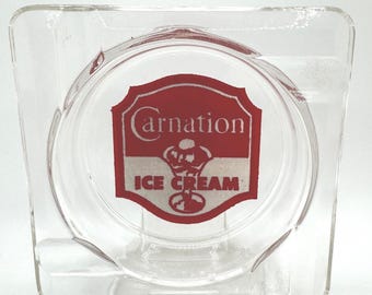 Vintage 1970s Carnation Ice Cream Glass Ashtray Advertising Decor, Tobacco Collectible,