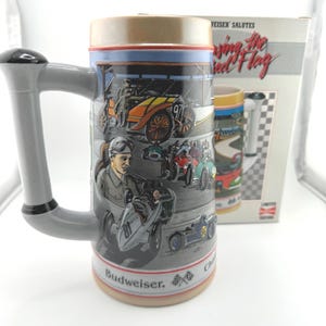 1991 Budweiser Racing Stein Chasing the Checkered Flag Gearshift Handle Auto Racing Collectible Beer Mug Racing Gift Vintage Barware