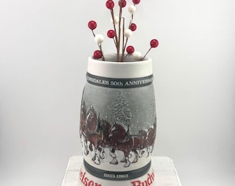 1982 Budweiser Holiday Beer Stein 50th Anniversary Clydesdale Hitch & Wagon Mug Vintage Ceramarte 1933-1983 Beer Collectible Budweiser Gift