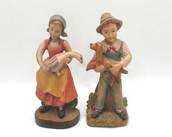 Vintage Hand Carved Boy with Dog Girl with Goose Wooden Figurines Soft Muted Colors German Style Folk Art Rustic Carving Decor