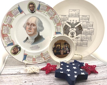 Kolekcjonerskie talerze patriotyczne w stylu vintage – talerz z kalendarzem „Nasi męczennicy” z 1912 r. / talerz z dwusetną rocznicą z 1976 r. / mini talerz Betsy Ross – Americana Decor