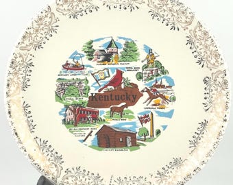 Vintage Kentucky Souvenir Plate Decorative State Collectible Plate Churchill Downs Natural Bridge Lincoln’s Birthplace Louisville Slugger