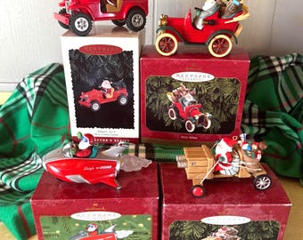 Hallmark Keepsake Ornaments 1996 - 2000 Santa Vehicle Ornaments Here Comes Santa Collector Series Original Box 4x4 Jeep Soap Box Rocket