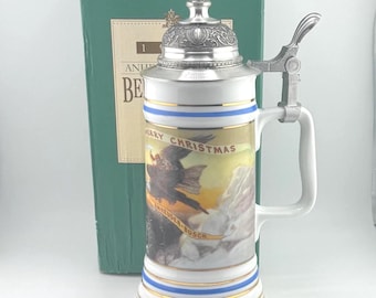 1990 Anheuser-Busch Berninghaus Merry Christmas Beer Stein 1st in Series German Made Porcelain Lidded Stein with Pewter Lid Boxed Holiday
