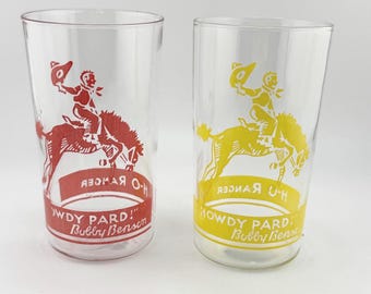 Vintage 1930s Bobby Benson B Bar B Ranger Juice Glass Set Cowboy Radio Show Memorabilia Promotions Advertising Glassware  Western Tumblers