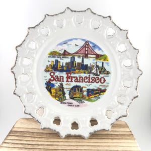 Vintage 1970s San Francisco Decorative Plate California Souvenir Plate Golden Gate Bridge Cable Car Retro Lace Style Edge Made in Korea