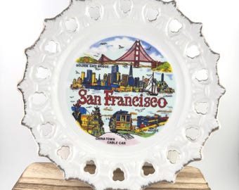 Vintage 1970s San Francisco Decorative Plate California Souvenir Plate Golden Gate Bridge Cable Car Retro Lace Style Edge Made in Korea