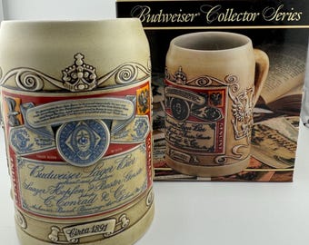 Vintage 1990 Budweiser Antique Label Beer Stein Circa 1891 Collector Series Ceramic Beer Mug Ceramarte Brewery Gift Barware Collectible