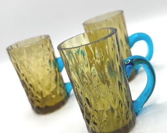Set of Three 3 Vintage Amber and Blue Shot Glass / Toothpick Holder