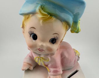 Vintage Relpo 6097 Ceramic Baby Graduate Planter Bank Blue Pink Boy or Girl Nursery Decor Graduation Gift Rare Collectible Centerpiece