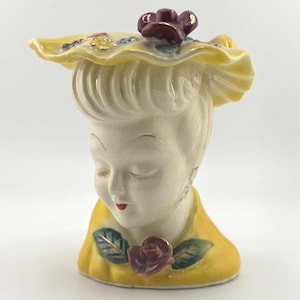1950s ACME Ware Head Vase Bright Yellow with Floral Gold Detailing Vintage Japanese Ceramic Display Decor Collectible Beauty Organizer