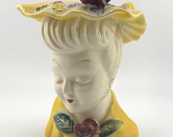 1950s ACME Ware Head Vase Bright Yellow with Floral Gold Detailing Vintage Japanese Ceramic Display Decor Collectible Beauty Organizer