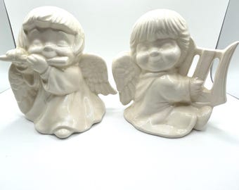 Vintage Ceramic Mold Angels with Instruments  1980s Christmas Angels