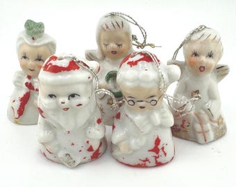 Vintage Yuletide Novelty Christmas Bell Ornaments Set of 5 Mr and Mrs Claus Angels Snowwoman Porcelain Tree Decorations