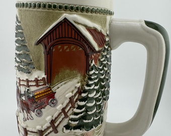 1984 Budweiser Holiday Stein Team & Wagon with Covered Bridge 5th in Series Clydesdale Beer Mug Vintage Brewery Collectible Christmas Gift