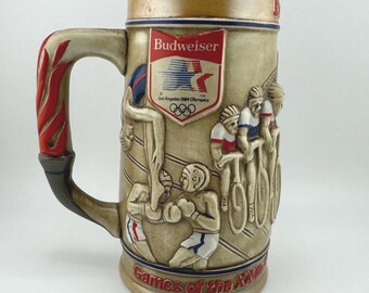 1984 Budweiser Olympics Beer Stein Los Angeles Summer Games Torch Handle Track Soccer Cycling Gymnastics Collectible Beer Mug
