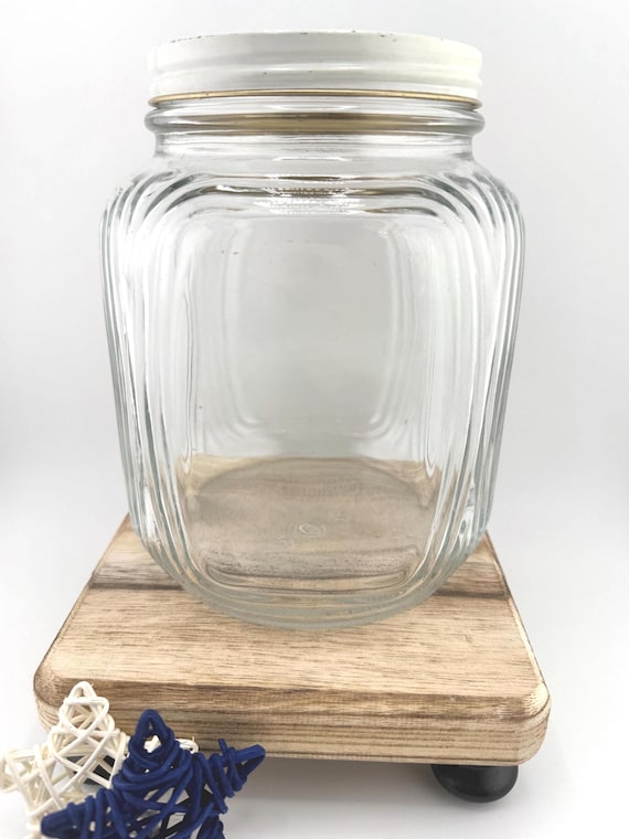 1960s Vintage Owens Illinois Square Glass Jar with Screw Top Clear Pantry Storage Canister Retro Kitchen  Container Skippy Creamy Lid
