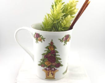 Vintage Royal Albert Old Country Roses Christmas Tree Mug Cup Fine Bone China Holiday Collectible Floral Rose Christmas Coffee Tea Mug