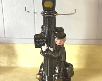 Vintage "Never on Sunday" Decanter Man Hugging Lamp Post Wire Cup Hanger 1960s Ceramic Barware Liquor Bottle Drunk Hobo
