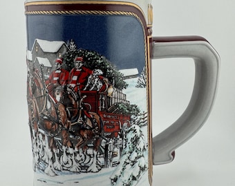 Vintage 1989 Budweiser Holiday Christmas Beer Stein Clydesdales Hitch on a Winter's Evening Ceramarte Collectible Brewery Barware Gift