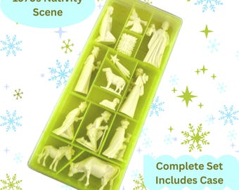Vintage Miniature Nativity Set Plastic Case Pocket Travel Nativity Scene with Baby Jesus Mary Joseph Shepherds Animals Retro Christmas Decor