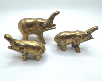 Set of Three 3 Brass Elephants Varying Sizes Vintage