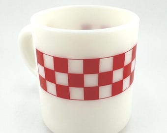Vintage 1960s Ralston Purina Coffee Mug Checkerboard Square White Milk Glass 9 oz Coffee Mug