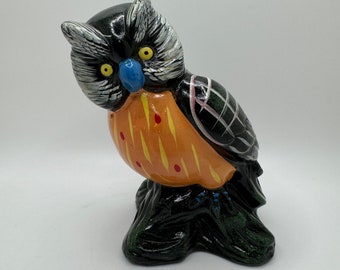 Vintage Owl Ceramic Piggy Bank Green Orange with Yellow Eyes