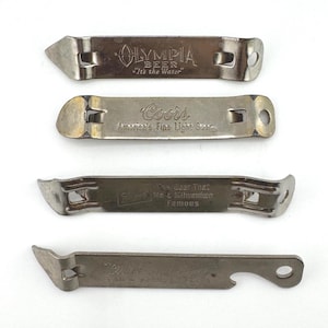 Four 4 Metal Vintage Bottle Openers Olympia Beer Coors, Schlitz and Quick and Easy
