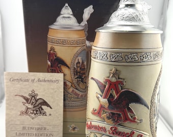 1998 Budweiser History Brewing Lidded Stein Ceramarte Antique Style Beer Stein with A&Eagle Logo Bavarian Festival Scenes Collectible