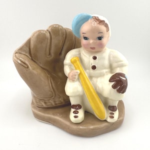 Vintage Baseball Player Glove Bat Ceramic Vase Planter Container