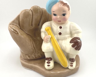 Vintage Baseball Player Glove Bat Ceramic Vase Planter Container