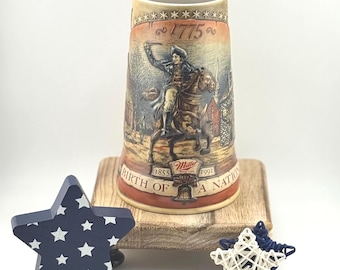Miller High Life Beer Stein 1991 Birth of a Nation 1775 Paul Revere Collectible Mug Vintage Barware First in Series Gift for Beer Drinker