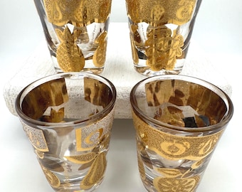 Vintage Culver Florentine Gold Fruit Shot Glasses Set of 4 Mid Century Modern Barware 22K Gold Culver Cocktail Glasses Retro Drinkware