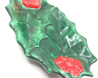 Vintage Christmas Holly Dish Ceramic Hand Painted