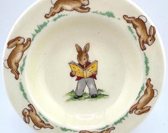 RARE Royal Doulton BunnyKins Vintage Mini Dish Rabbit Reading Book Charming Farmhouse Decor
