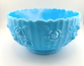 Fenton Bowl Art Glass Rose Pattern Blue Marble Milk Glass Bowl Round Vintage Candy Dish Swirled Blue Elegant Decorative Glassware