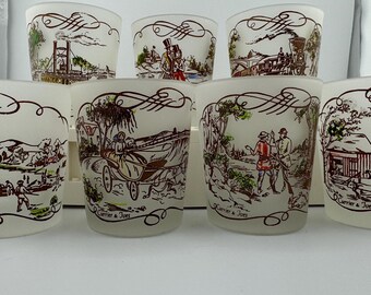 Vintage 1950s Currier & Ives Frosted Glass Set 3.25" Collectible Glassware Train Scene Farm Scene Glass Vintage Couples Strolling