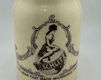 Vintage Schlitz Girl on Globe Beer Stein "The Beer That Made Milwaukee Famous" Schlitz Brewery Logo Mug Collectible Barware Gift for Him