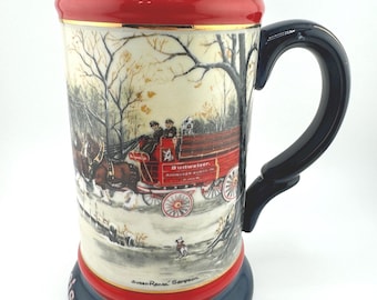 Vintage 1990 Budweiser Anheuser-Busch Christmas Stein Holiday Clydesdale Mug Ceramarte Susan Sampson American Tradition Gift